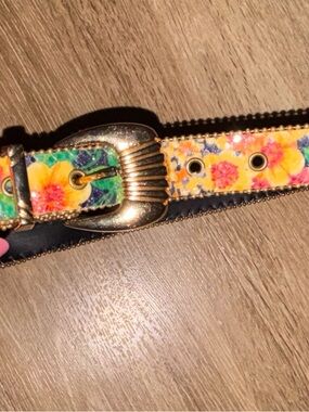 Vintage Floral Belt Womens Large Leather Gold Buckle Boho Western Colorful